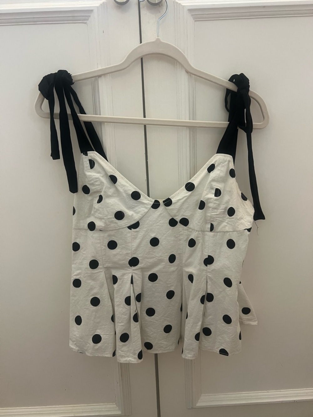 Polka Dot Tie-Strap Peplum Tank Top - Black/White